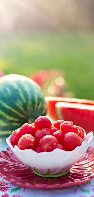 Colorful summer fruit wallpaper with watermelon and raspberries.