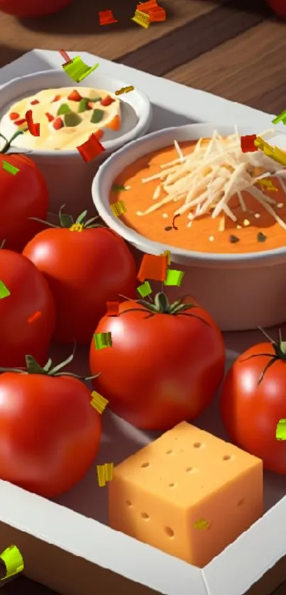 Red tomatoes with cheese and a savory dip on display.