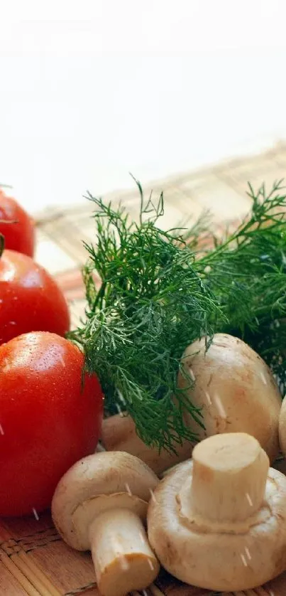 Mobile wallpaper of tomatoes, mushrooms, and dill on a checkered cloth.