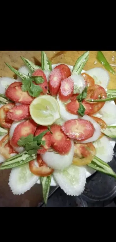 Colorful sliced vegetables with lime and cilantro garnish.