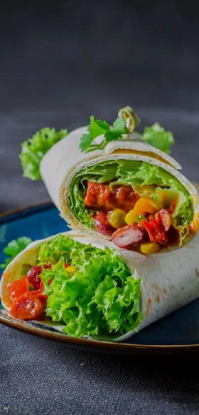 Close-up of a fresh vegetable wrap with lettuce and tomatoes.