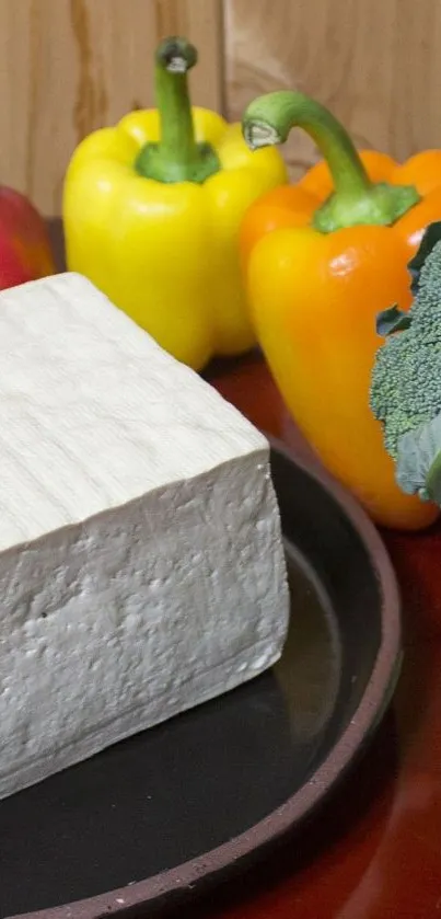 Vibrant vegetables and a tofu block on a plate.