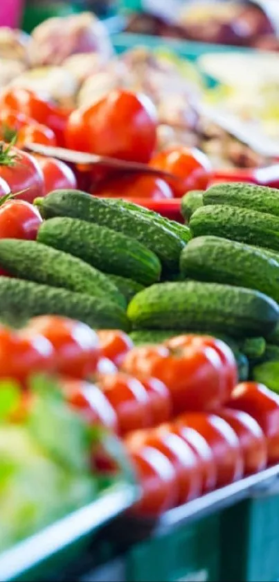 Colorful fresh vegetables on a market display in close-up view.