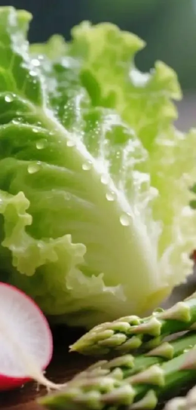 Vibrant image of fresh lettuce, radishes, and asparagus on display.