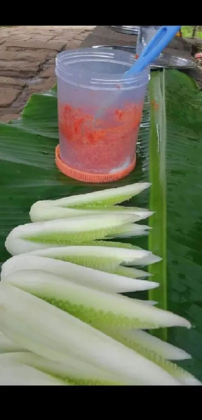 Sliced vegetables on a banana leaf with a red cup for a tropical aesthetic.