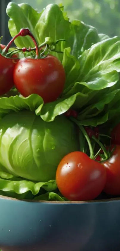 Bowl of fresh tomatoes and lettuce in vibrant colors.