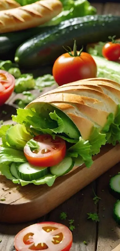 Fresh veggie sandwich with tomatoes and lettuce on wooden board.