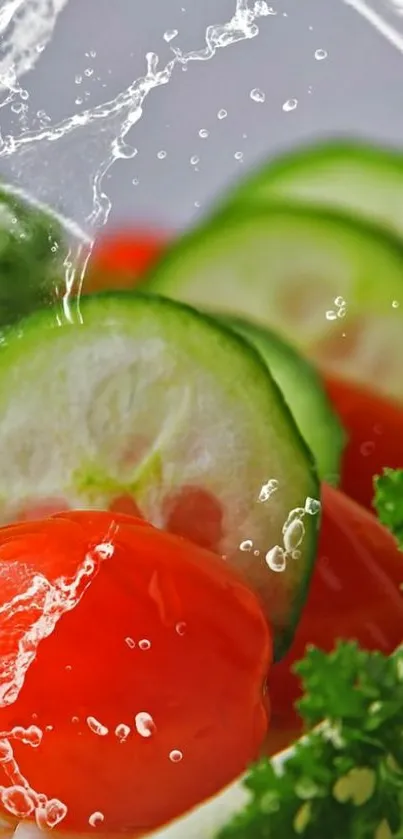 Vibrant vegetable splash with cucumbers and tomatoes.