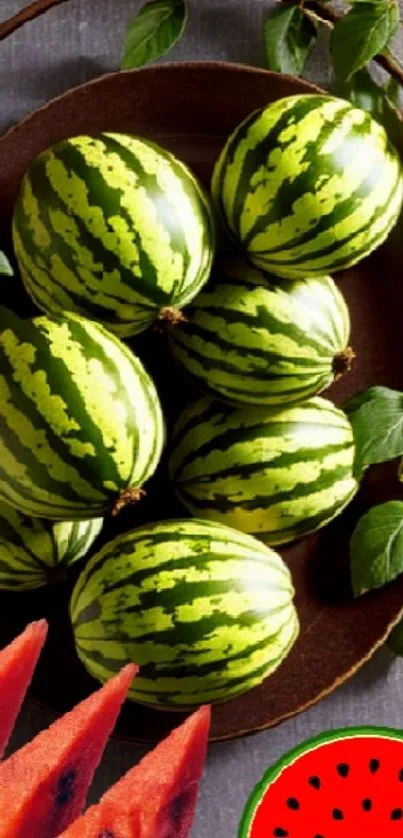 Vibrant watermelon wallpaper with green striped melons and juicy slices.