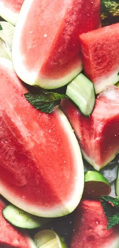 Vibrant watermelon slices with mint and lime for a refreshing look.