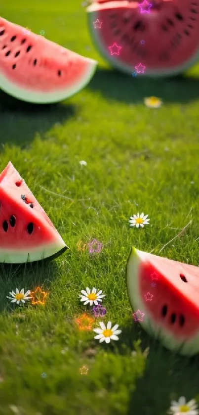 Watermelon slices on lush green grass with daisies.