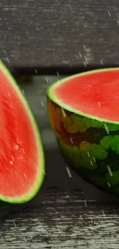 Sliced watermelon in rain, vibrant and refreshing mobile wallpaper.