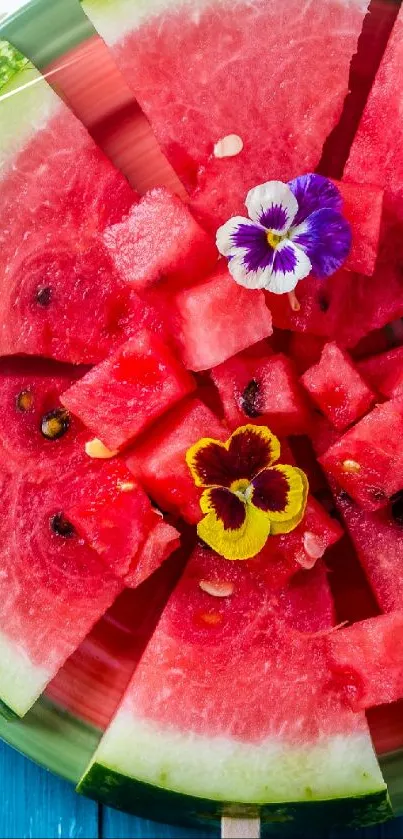 Watermelon slice with colorful flowers, perfect for a vibrant mobile wallpaper.