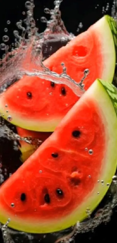 Watermelon slices splashing in water on a dark backdrop.