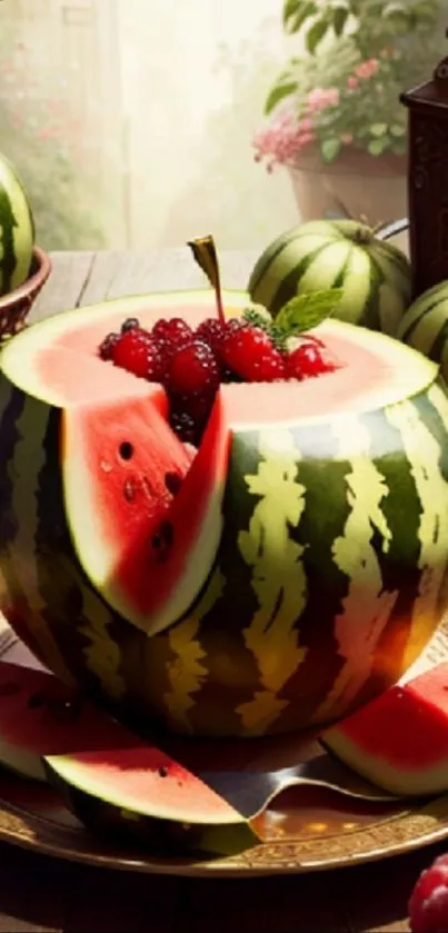 Watermelon centerpiece with berries in sunny garden.