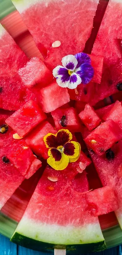 Fresh watermelon slices with flowers on a summer-themed background.