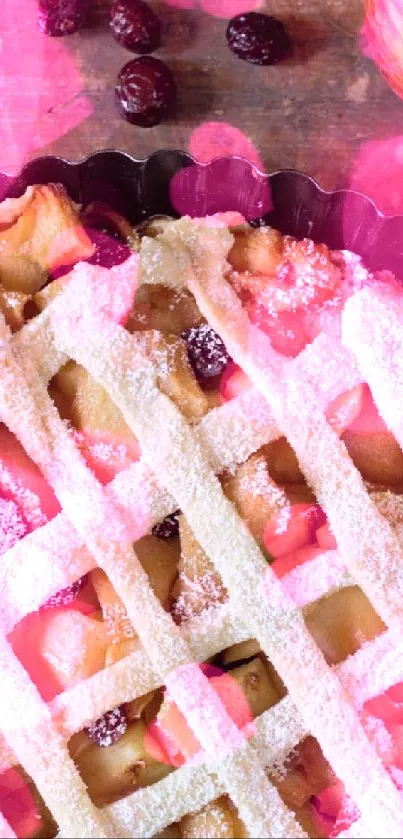 Rustic apple pie with lattice crust on table.