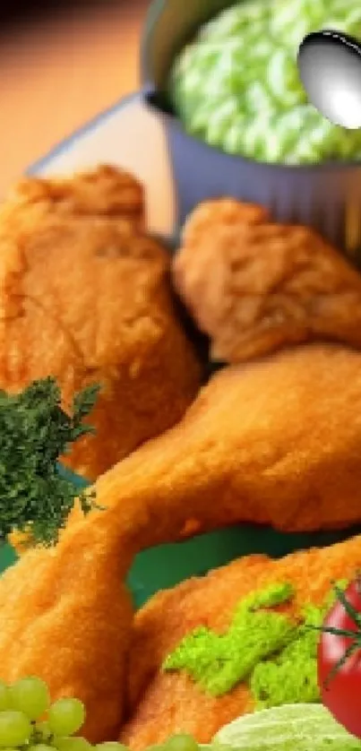 Fried chicken with mashed potatoes and greens on a decorative plate.