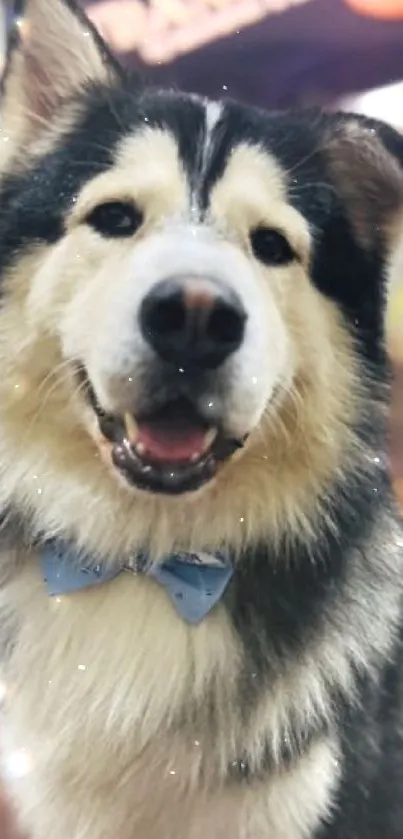 Smiling dog with a blue bow tie in a living room setting.