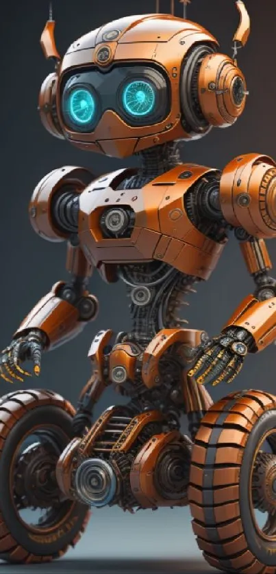 Orange futuristic robot with wheels on dark background