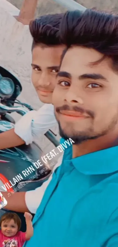 Two smiling friends on a motorbike enjoying a sunny day.