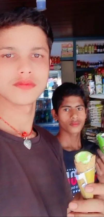 Two friends enjoying ice cream in a store with colorful shelves.