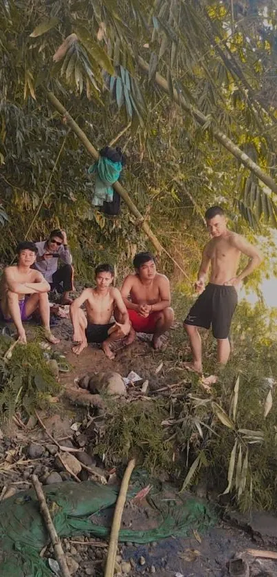 Friends enjoying a bamboo forest setting with lush greenery around.