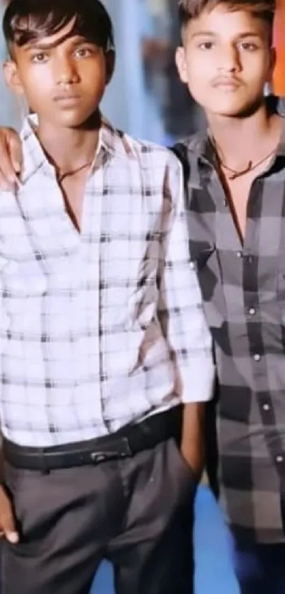 Two friends in checked shirts posing casually.