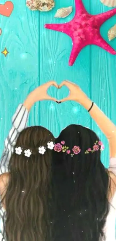 Two friends with flower crowns against a turquoise beach background with a starfish.