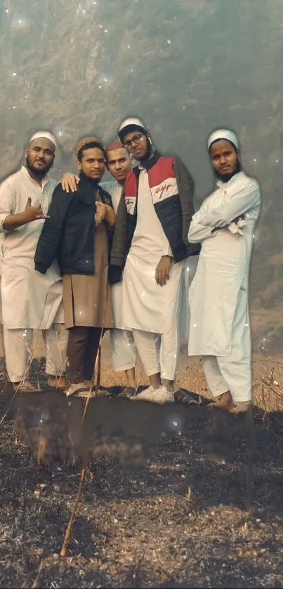 Group of friends in traditional attire with a scenic mountain backdrop.