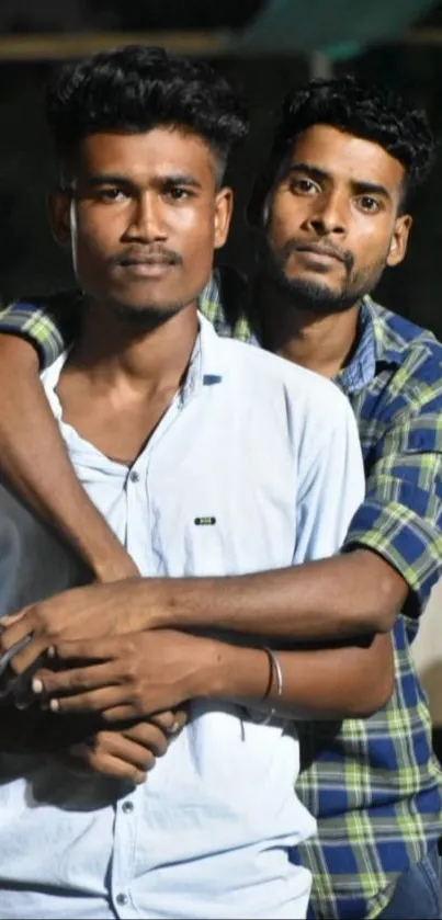 Two friends embracing with smiles, night background.