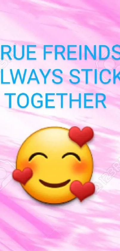 Pink background with a heartful emoji and friendship quote.