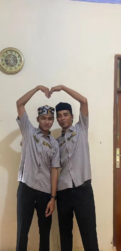 Two friends forming a heart shape with their arms, standing indoors.