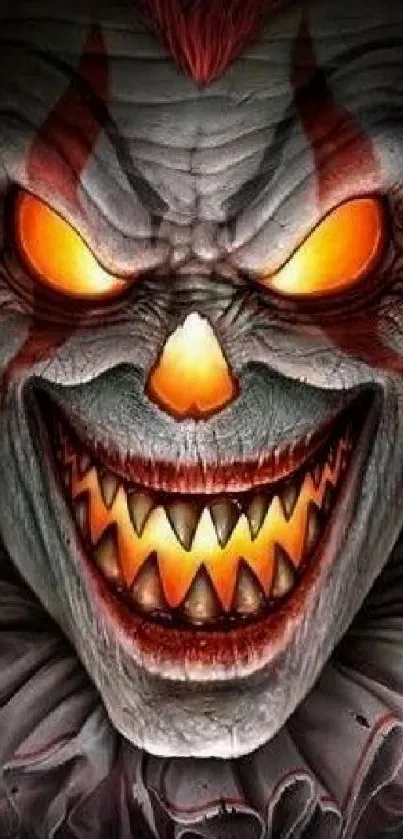 Terrifying clown face with glowing eyes and sharp teeth.