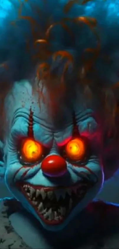 Frightening clown with glowing eyes in vivid colors.