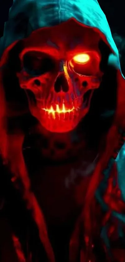 Red neon skull with glowing eyes in a hooded figure theme.