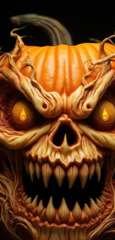 Frightening carved pumpkin face in vivid orange hues.