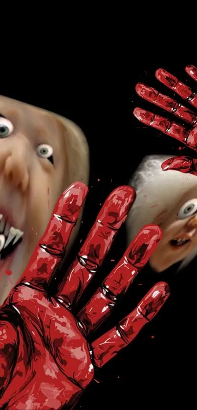 Creepy illustration of red hands and distorted faces on a dark background.