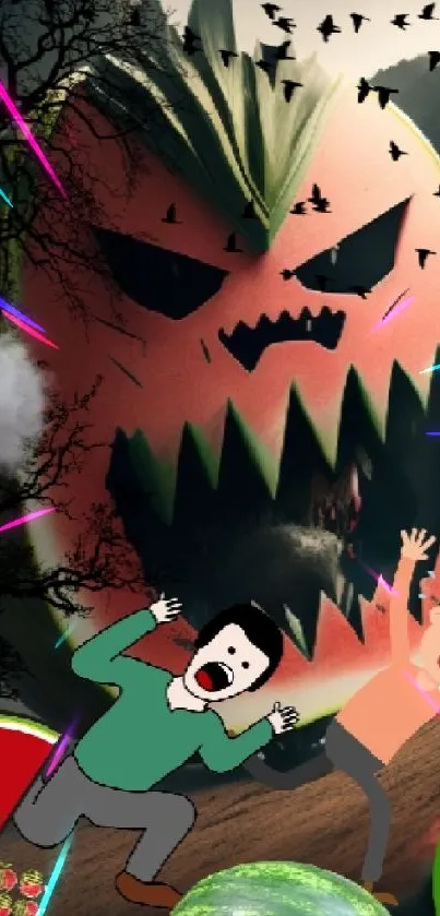 Cartoon characters chased by a spooky watermelon in a surreal landscape wallpaper.