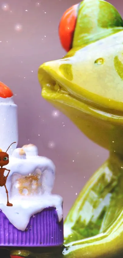 Frog and ant celebrating a birthday with a cake.