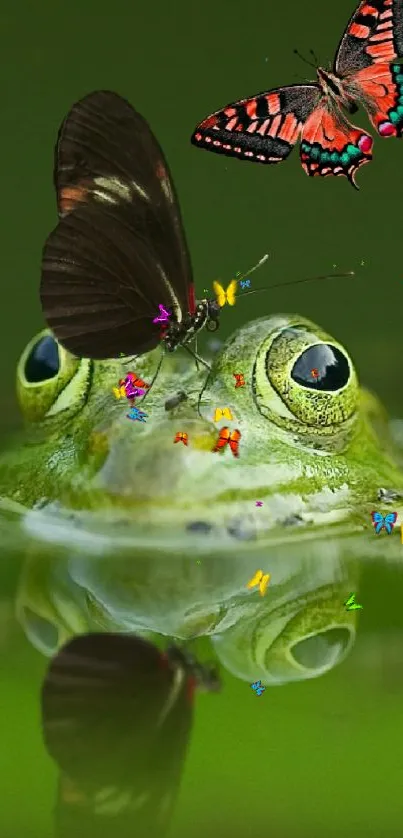 Frog with butterflies on a green leafy pond, reflecting harmony in nature.