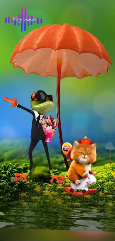 Frog and cat enjoying a sunny day under an orange umbrella.