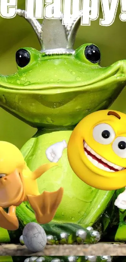 Green frog with emojis and 'be happy' text.