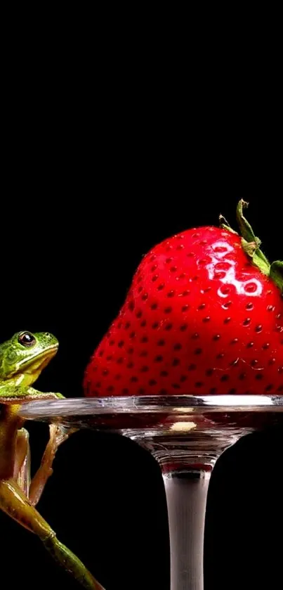 Green frog and red strawberry on dark background wallpaper.