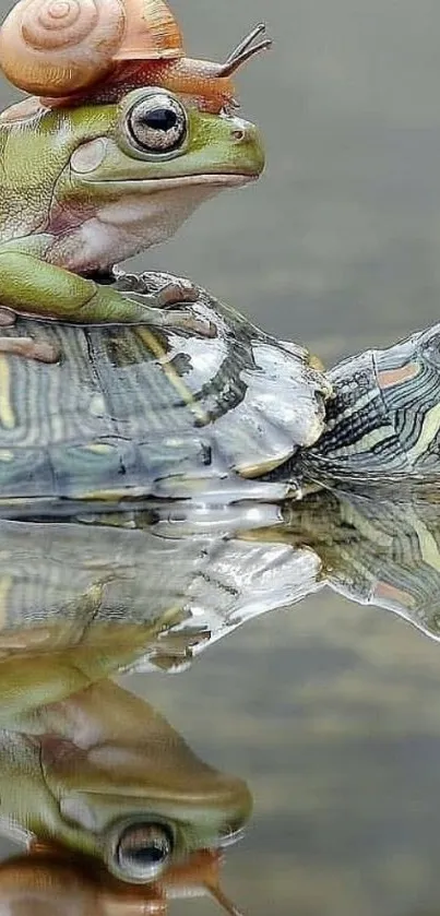 A frog and turtle with a snail on its head reflecting in still water.