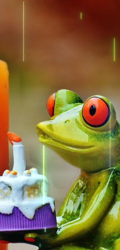 Whimsical frog holding cake beside birthday candle.