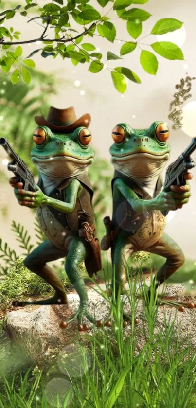 Cartoon frog cowboys with guns in a vibrant jungle setting.