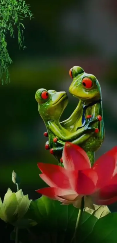 Two frogs dance atop a lotus in vibrant wallpaper.