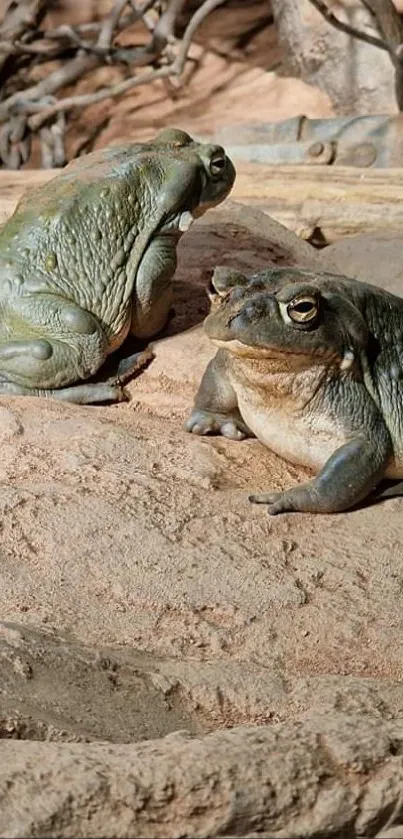 Two frogs on a rocky surface under natural light.