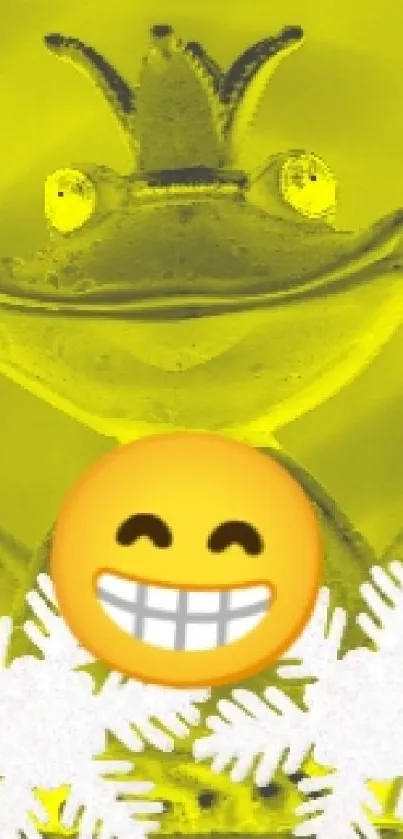 Playful frog with emoji and crown on a yellow background.